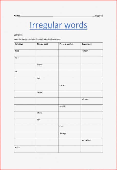 Unvergesslich Unregelmäßige Verben Grundschule Arbeitsblätter Sie