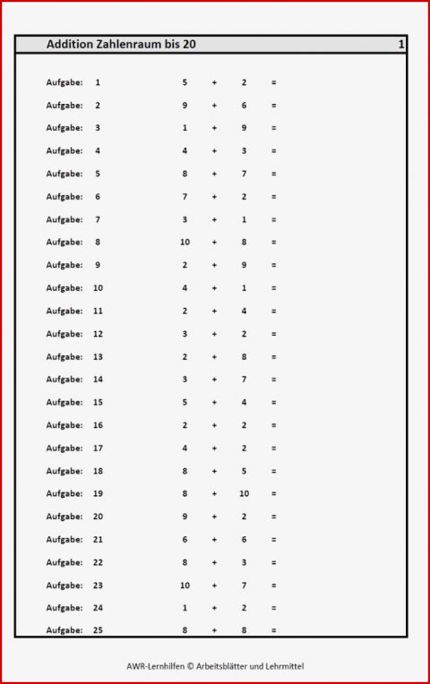 Addition Im Zahlenraum Bis 20 1 Klasse Mathematik