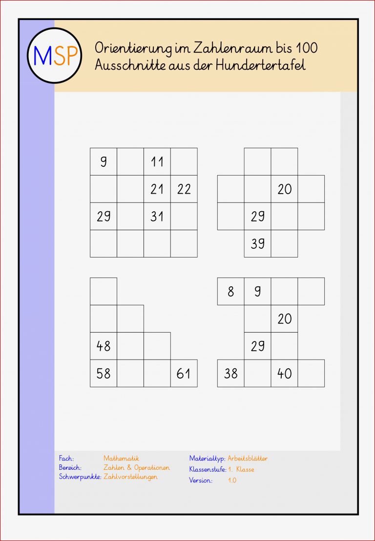 Arbeitsblätter Ausschnitte aus der Hundertertafel
