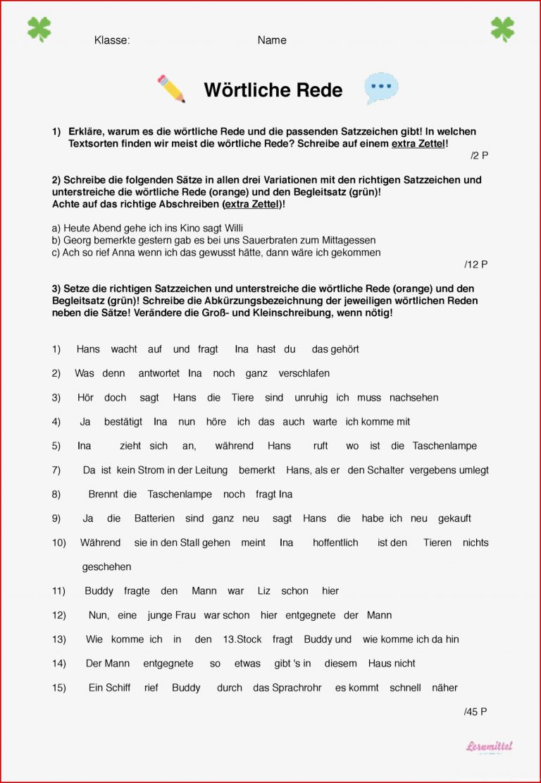 Arbeitsblätter Deutsch 4 Klasse Wörtliche Rede Worksheets