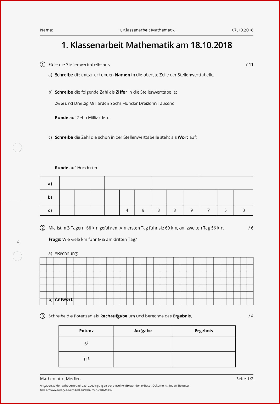 Arbeitsblatt 1 Klassenarbeit Mathematik Mathematik