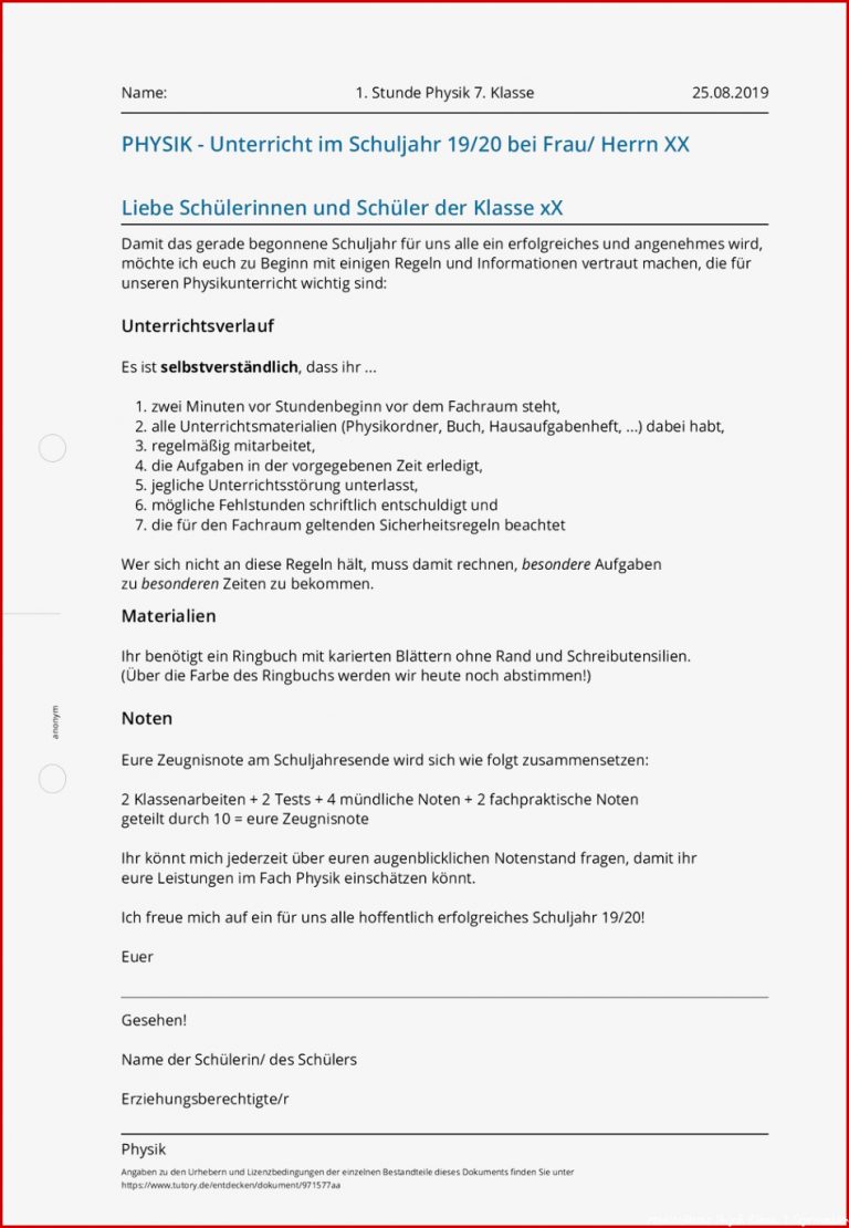 Arbeitsblatt 1 Stunde Physik 7 Klasse Physik Tutory