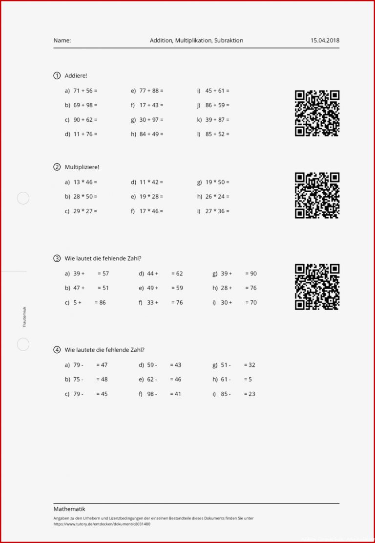 Arbeitsblatt Addition Multiplikation Subraktion