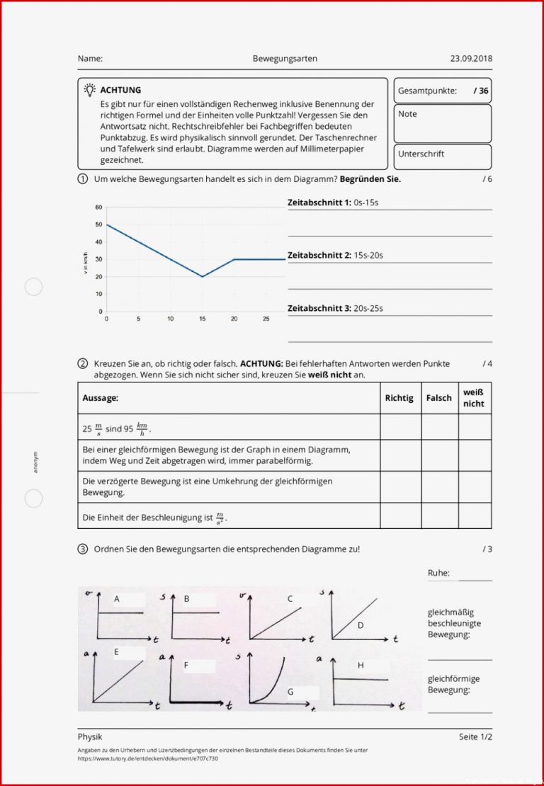 Arbeitsblatt Bewegungsarten Physik Allgemeine