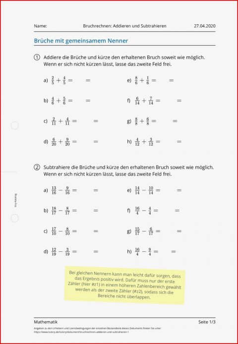 Arbeitsblatt Bruchrechnen Ad Ren Und Subtrahieren