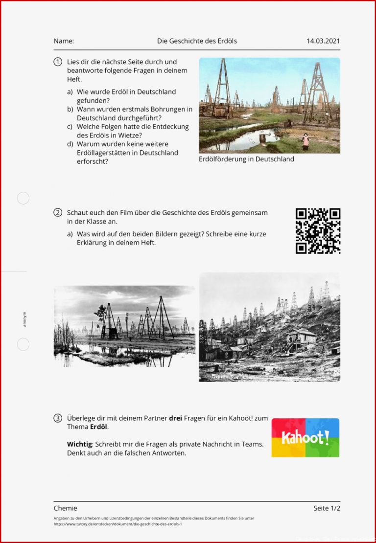Arbeitsblatt Die Geschichte des Erdöls Chemie tutory