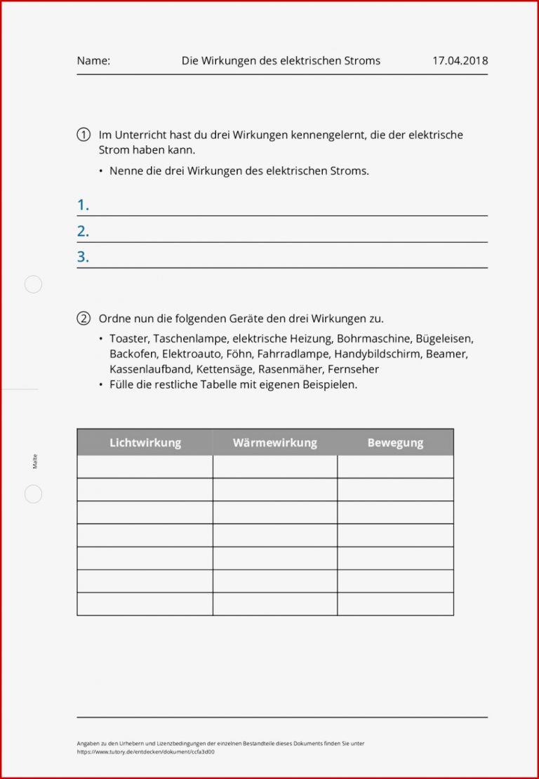 Arbeitsblatt Die Wirkungen des elektrischen Stroms