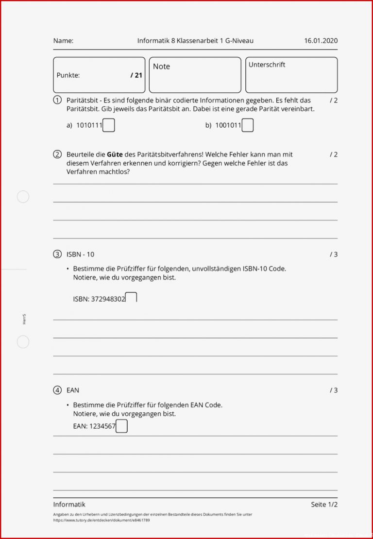 Arbeitsblatt Informatik 8 Klassenarbeit 1 G Niveau