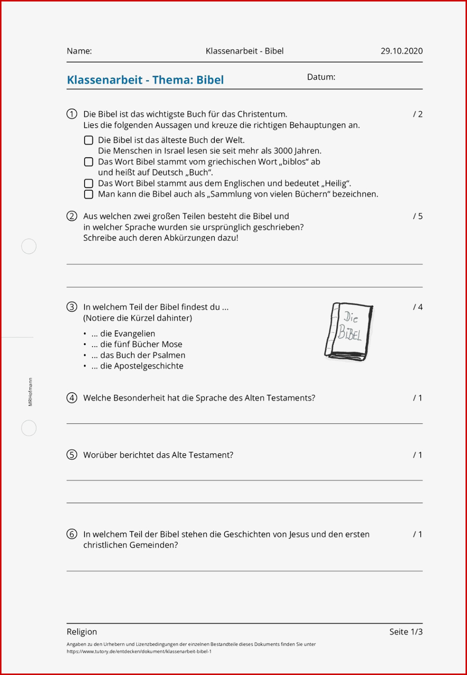 Arbeitsblatt Klassenarbeit Bibel Religion Tutory