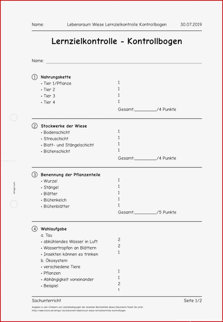 Arbeitsblatt Lebensraum Wiese Lernzielkontrolle