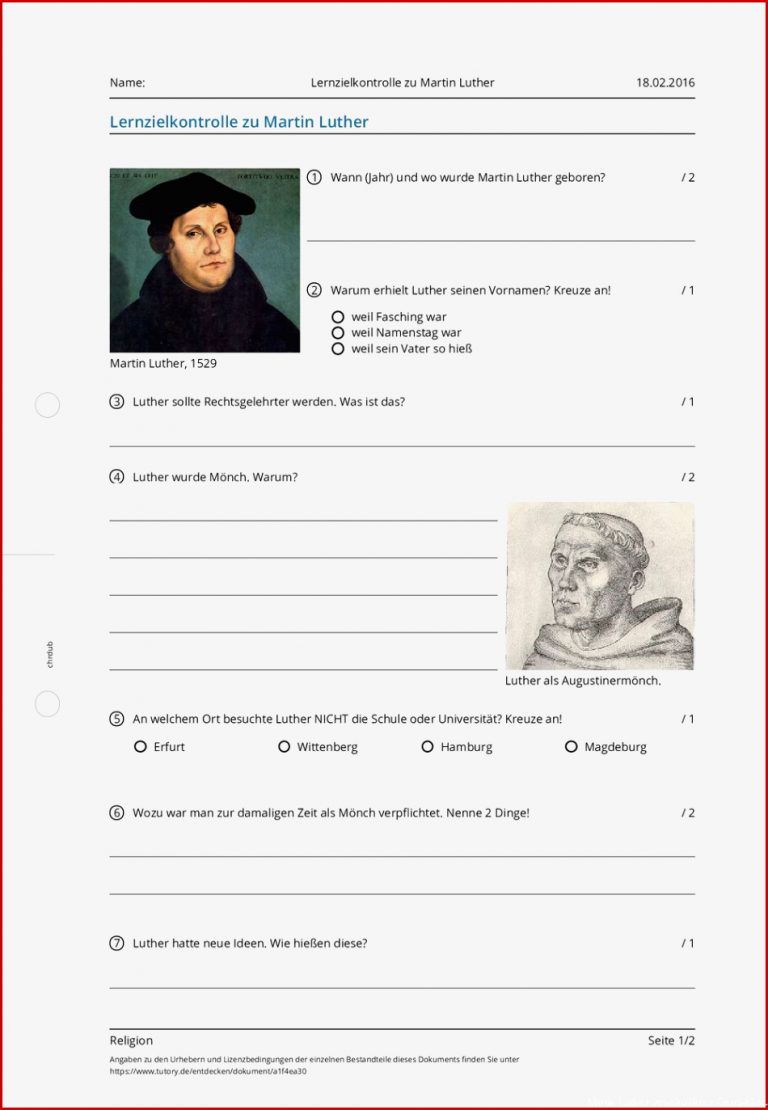 Arbeitsblatt Lernzielkontrolle Zu Martin Luther