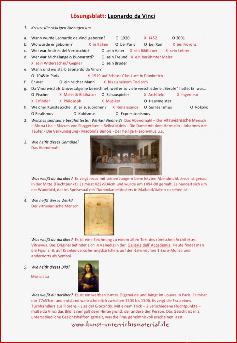 Arbeitsblatt Lösung Leonardo da Vinci kunstunterricht