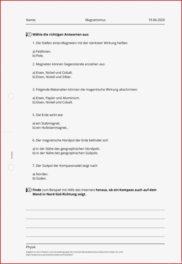 Arbeitsblatt Magnetismus Physik Tutory