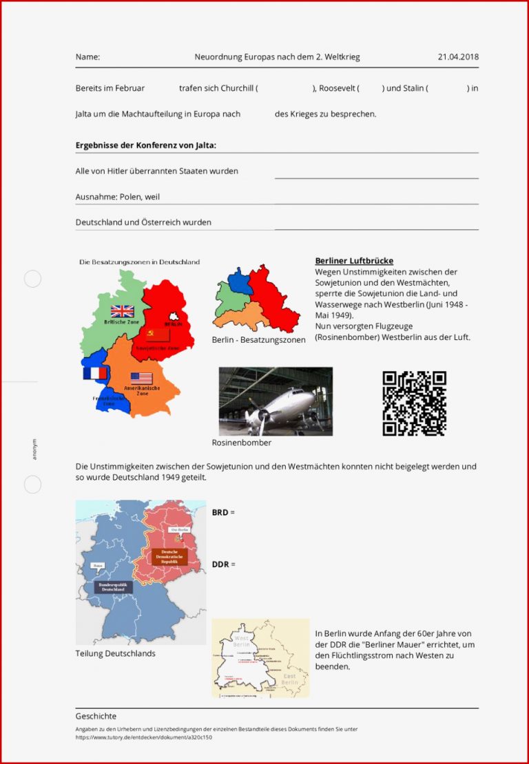 Arbeitsblatt Neuordnung Europas nach dem 2 Weltkrieg