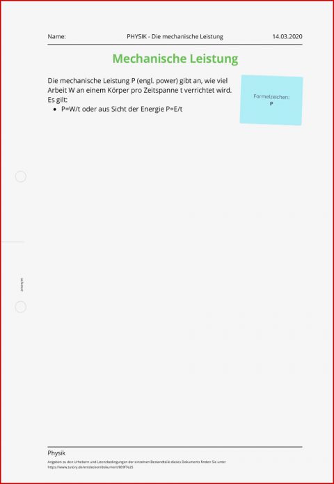 Arbeitsblatt Physik Die Mechanische Leistung Physik