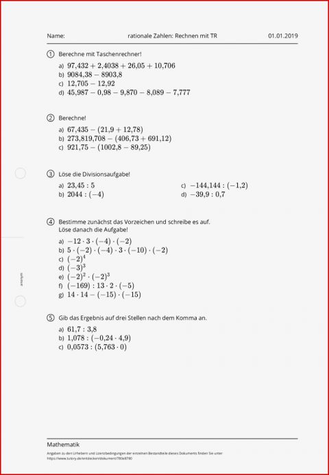 Arbeitsblatt Rationale Zahlen Rechnen Mit Tr