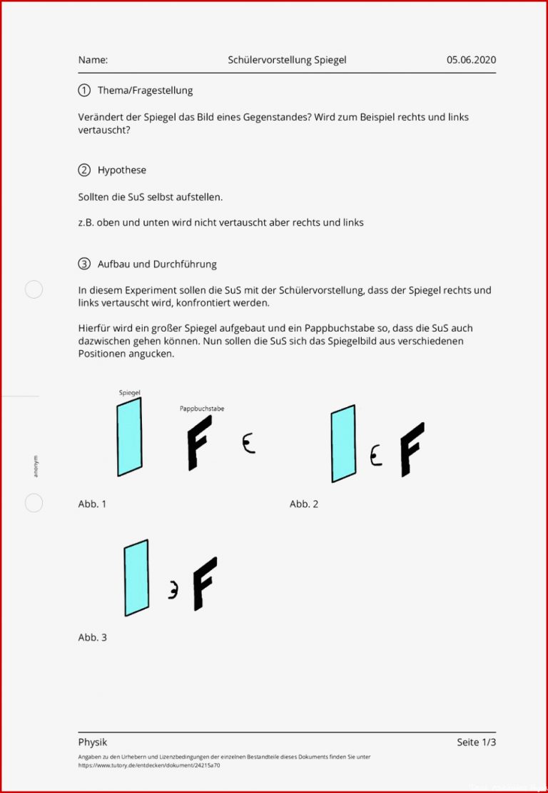 Arbeitsblatt Schülervorstellung Spiegel Physik tutory