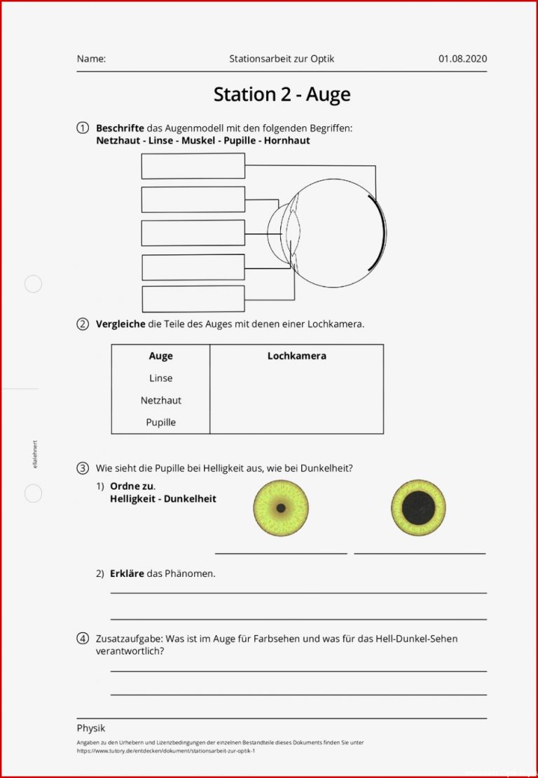 Arbeitsblatt Stationsarbeit zur Optik Physik tutory