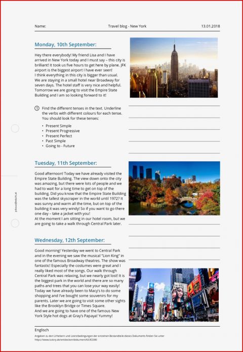 Arbeitsblatt Travel Blog New York Englisch Tutory