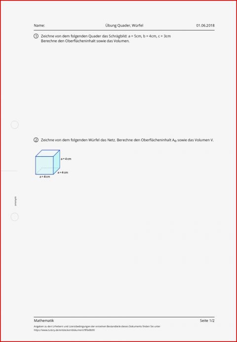 Arbeitsblatt Übung Quader Würfel Mathematik Tutory