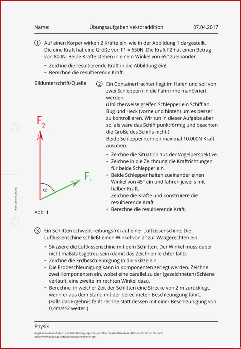 Arbeitsblatt Übungsaufgaben Vektoraddition Physik