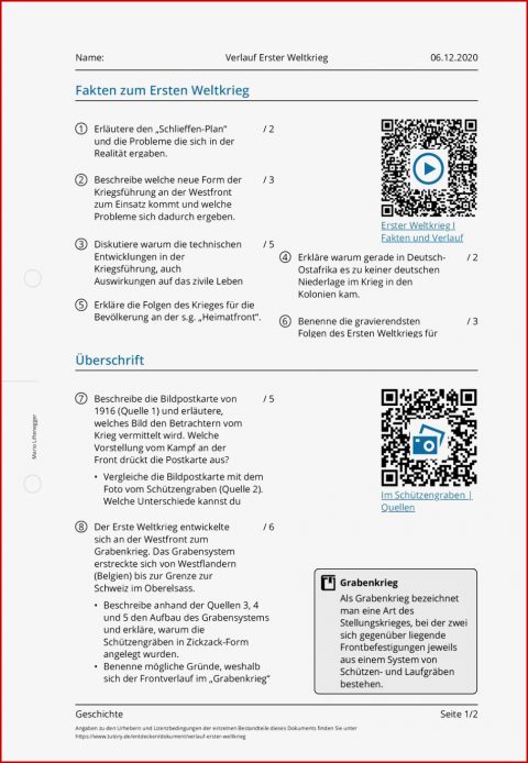 Arbeitsblatt Verlauf Erster Weltkrieg Geschichte