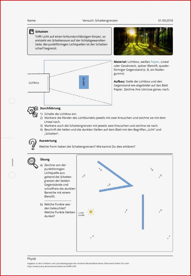 Arbeitsblatt Versuch Schattengrenzen Physik tutory