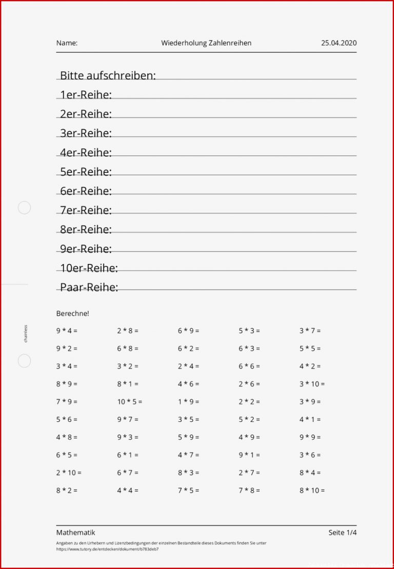 Arbeitsblatt Wiederholung Zahlenreihen Mathematik