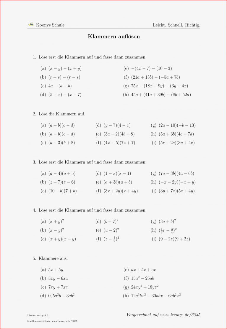 Aufgaben Klammern Auflösen Mit Lösungen