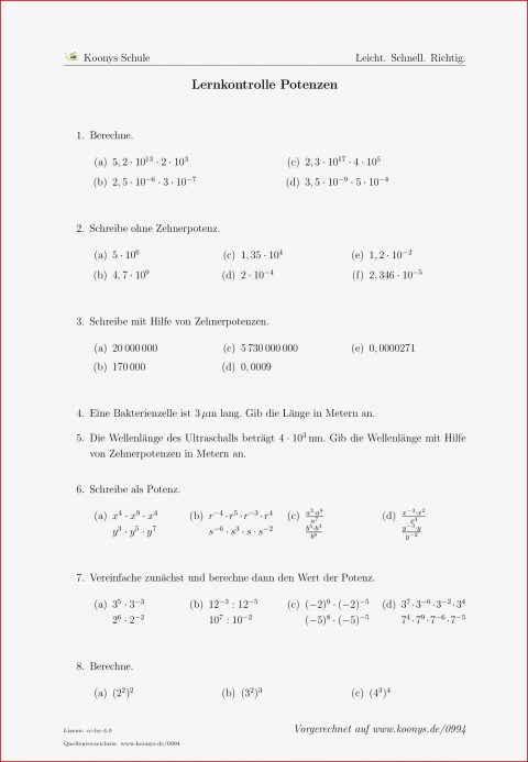 Aufgaben Lernkontrolle Potenzen Mit Lösungen
