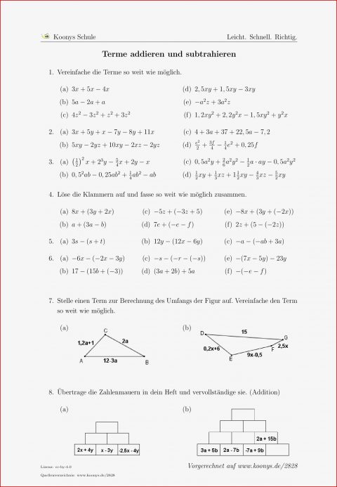 Aufgaben Terme Ad Ren Und Subtrahieren Mit Lösungen