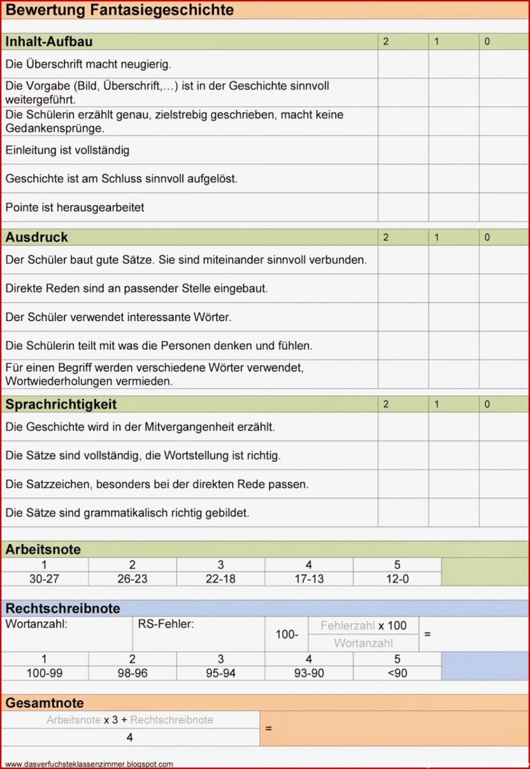 Bewertungsbogen Fantasiegeschichte Seit meinem ersten