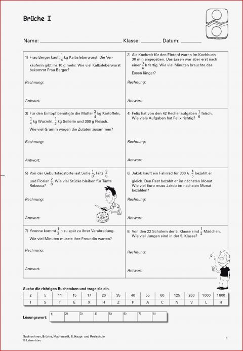Brüche Mathe Arbeitbletter Klasse 6 Schulaufgaben