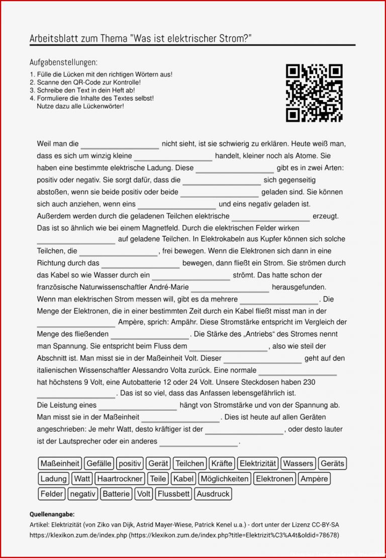 Elektrischer Strom Arbeitsblätter Worksheets