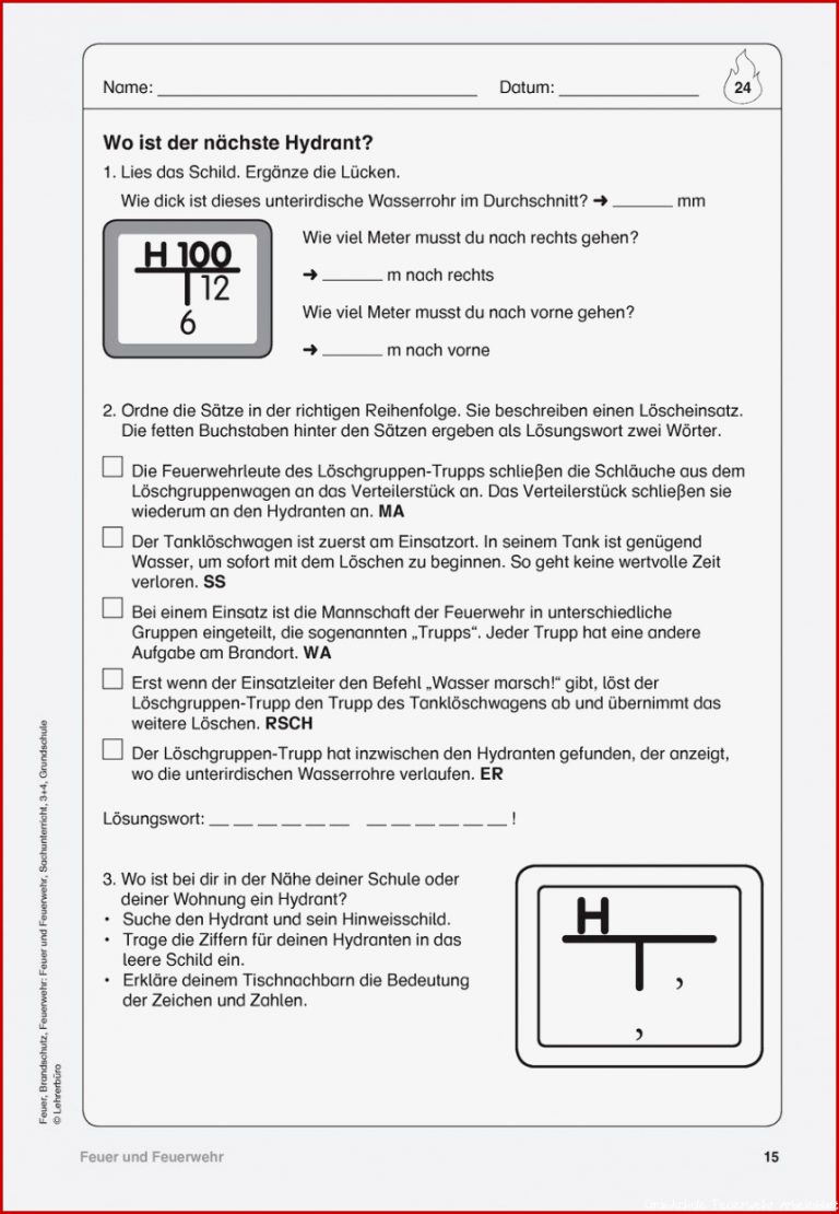 Feuerwehr Arbeitsblätter · Lehrerbüro