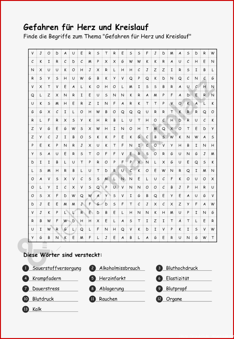 Gefahren für das Herzkreislaufsystem arbeitsblätter