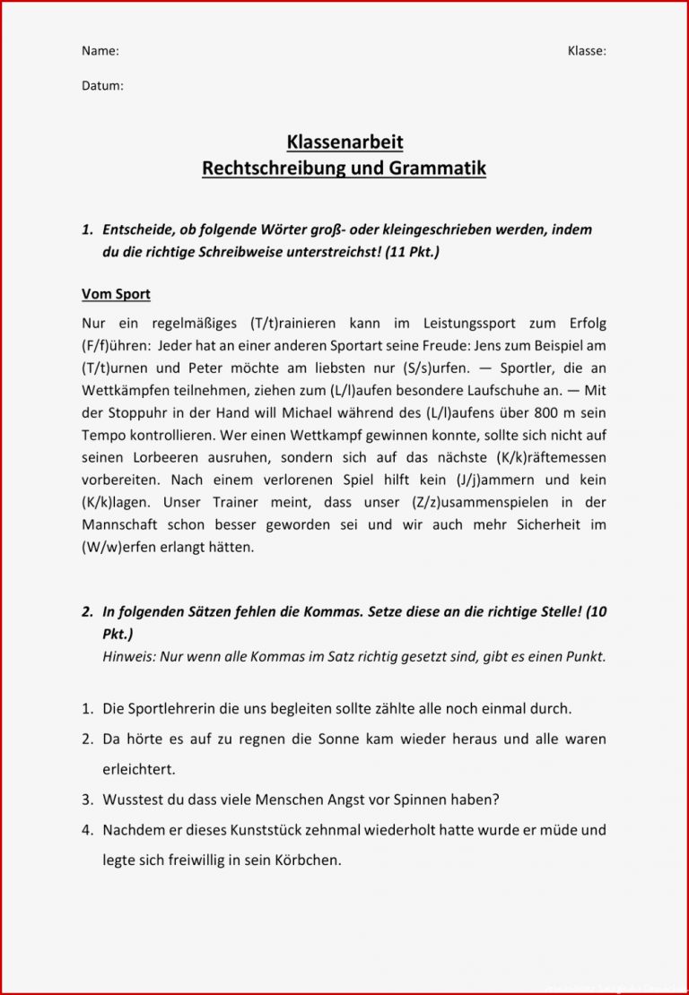 Klassenarbeit Grammatik und Rechtschreibung