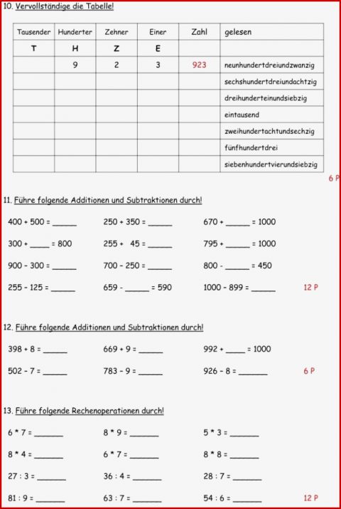 Klassenarbeit Zu Zahlenraum Bis 1000