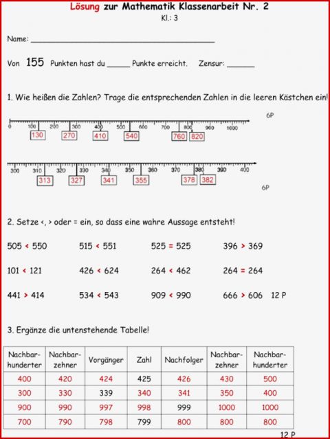 Klassenarbeit Zu Zahlenraum Bis 1000