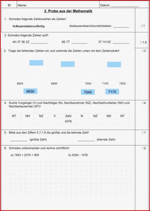 Klassenarbeit Zu Zahlenraum Bis