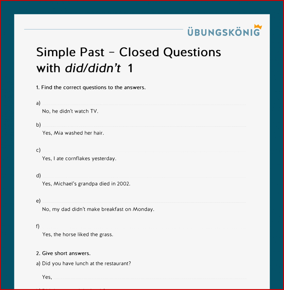 K nigspaket Simple Past Closed Questions With Did Didn Kostenlose 