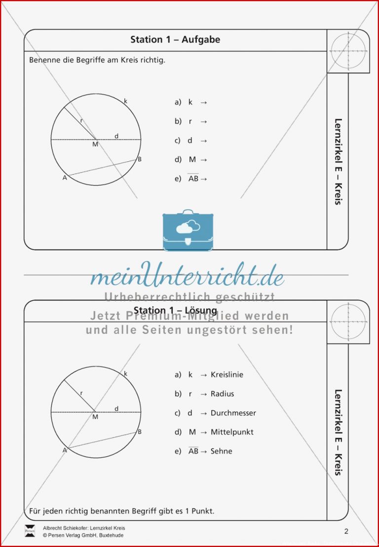 Lernzirkel zu Kreisen Begriffe zeichnen Berechnung von
