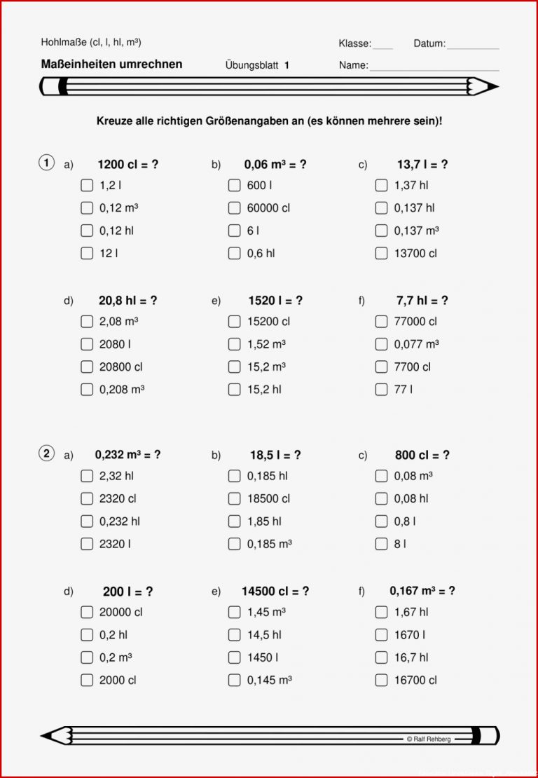 Maßeinheiten Umrechnen Multiple Choice Hohlmaße Cl L