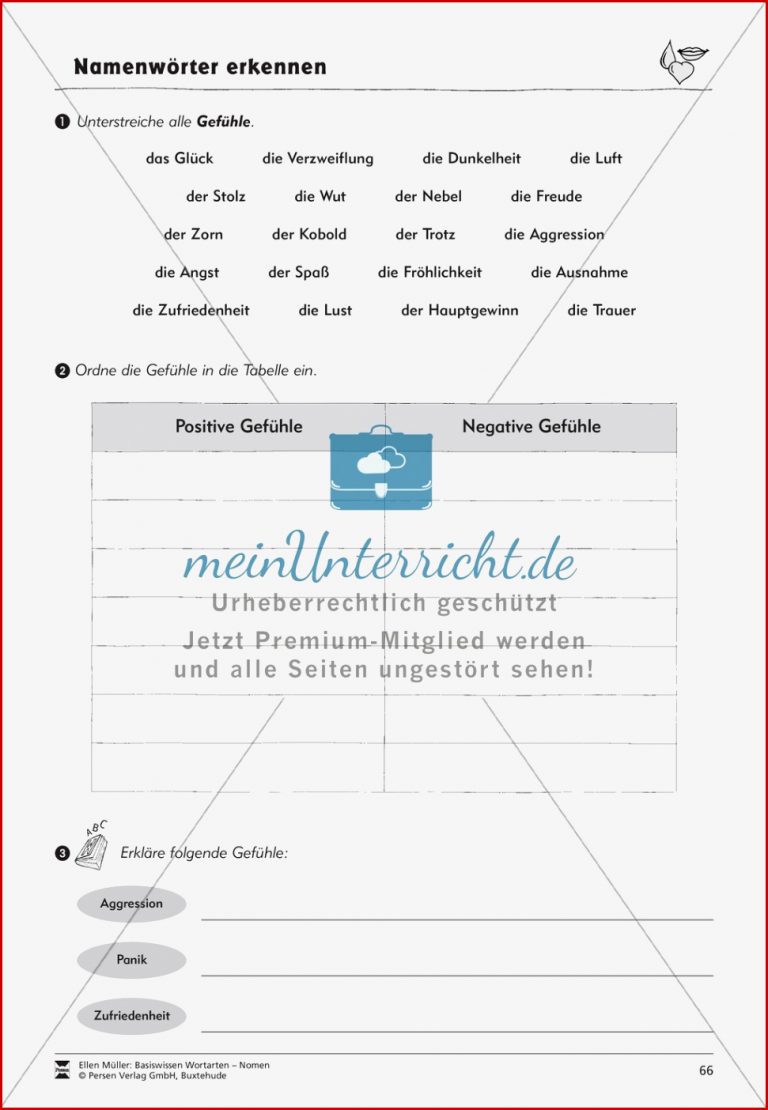 Namenwörter erkennen Gefühle und Begriffe Arbeitsblätter