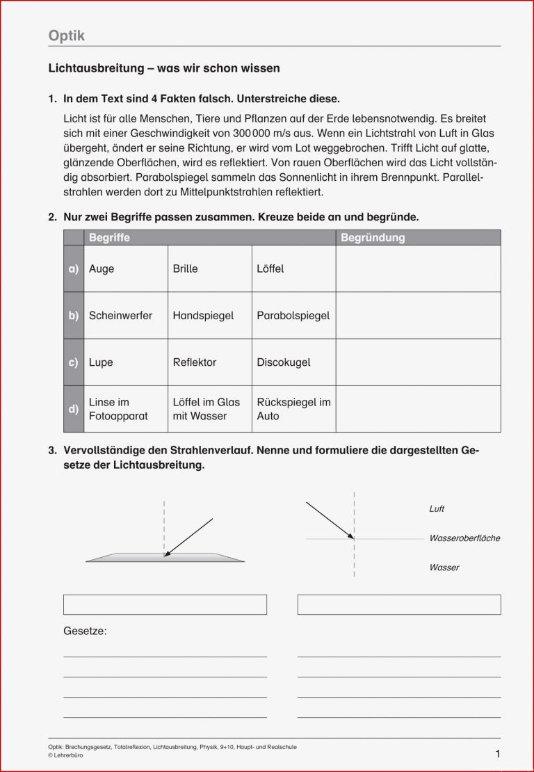 Optik Akustik · Arbeitsblätter · Sekundarstufe I · Lehrerbüro