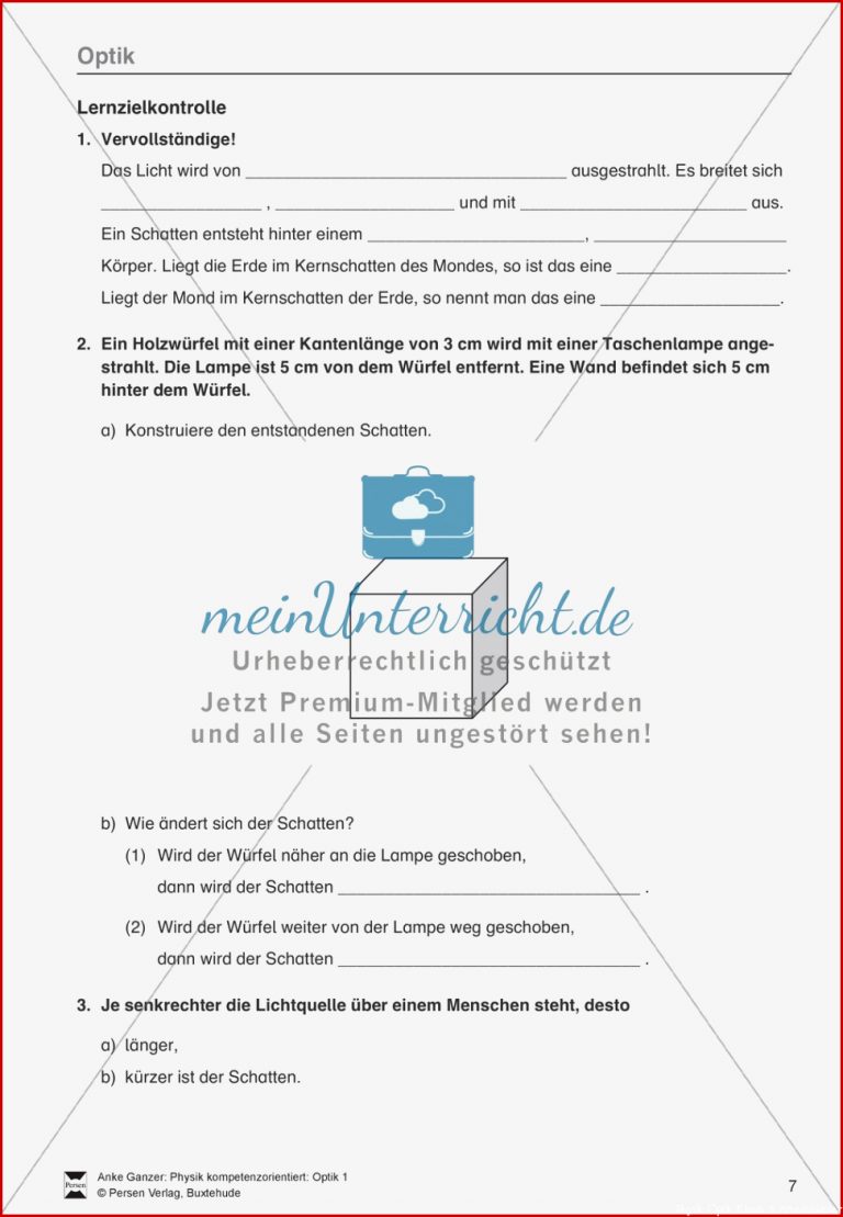 Optik Test Lernzielkontrolle über Licht und Schatten