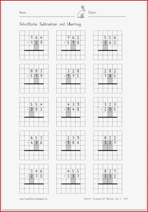 Schriftliche Subtraktion Mit Übertrag