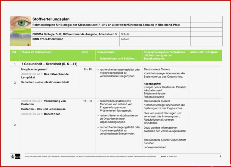 Stoffverteilungsplan PRISMA Biologie 3 Arbeitsbuch