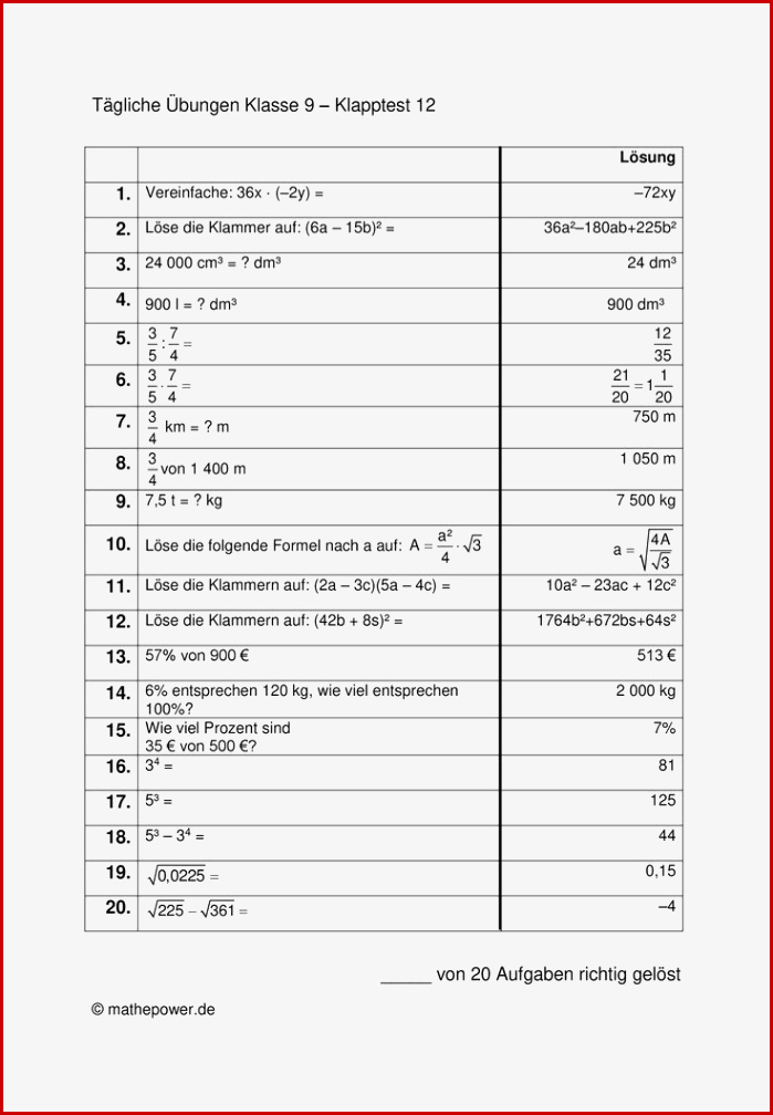 Tägliche Übungen Klasse 9 Klapptests 11 20