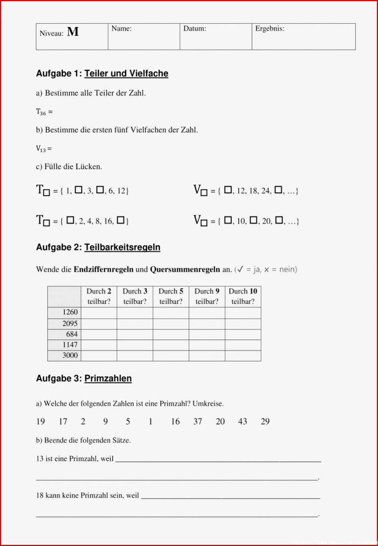 Teiler Und Vielfache Klasse 6 Arbeitsblätter Worksheets